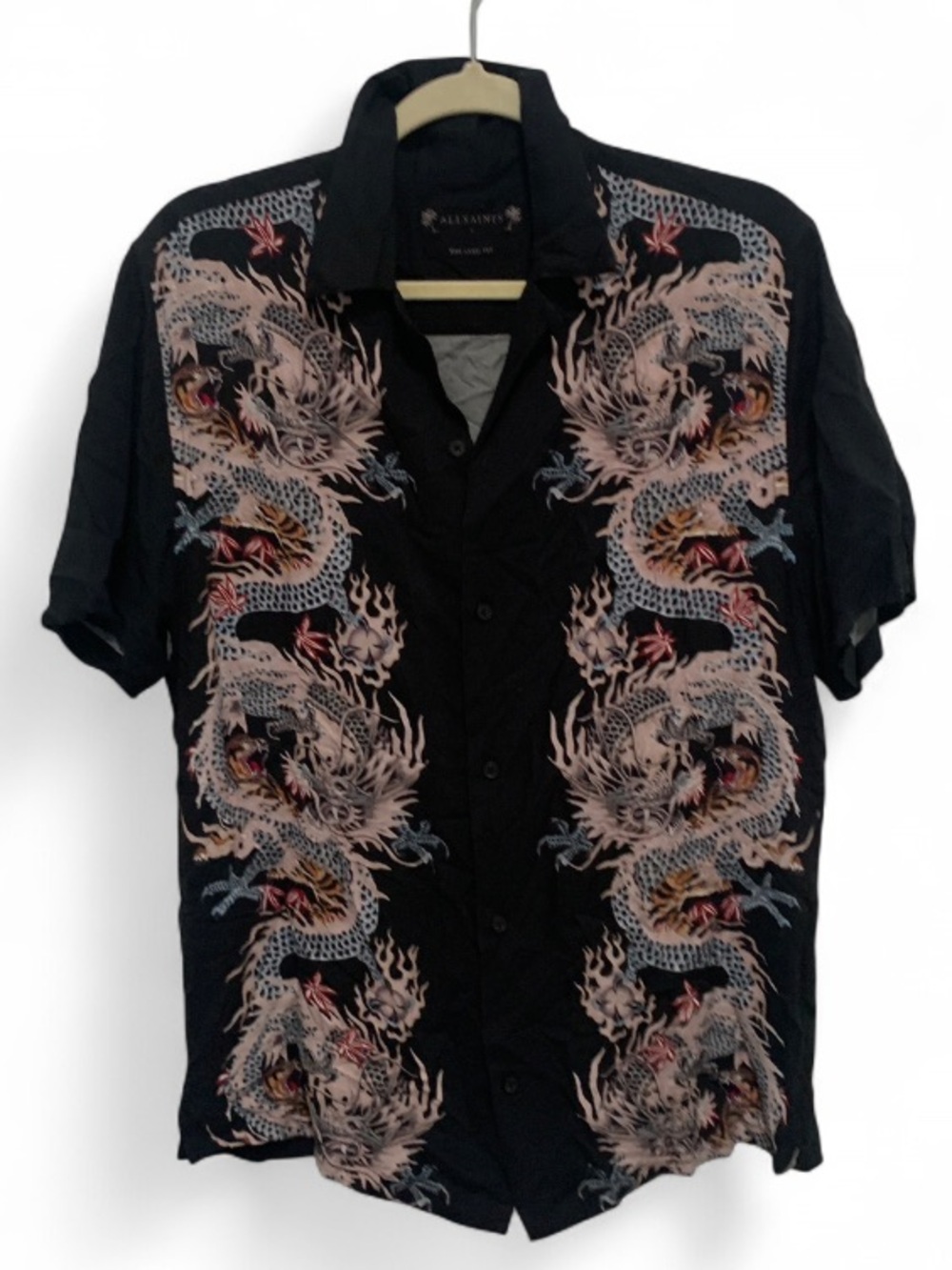 All Saints Dragonstone Black Short-Sleeve Button Shirt with Dragon Tiger Print
